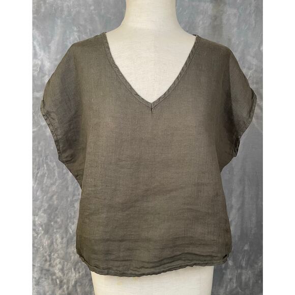 Hard Tail Forever boxy V-neck linen top green minimalist elevated basic S/M boho - Picture 11 of 13